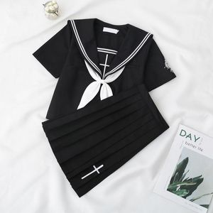 Kläder sätter svarta jk outfits jackor nacke marinen sjöman kostym japansk skol uniform klänning flickor veckad kjol vestidos vintage klänningsduk