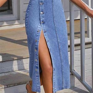 Новая джинсовая юбка мода кнопка нерегулярная щель подсказки высокая талия в средней длине сексуальные джинсовые детские юбки 210331