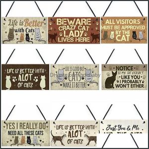 Wall Decor Cat Plaques Wooden Animal Printed Hanging Sign For Win Bdebaby Dh8Yt