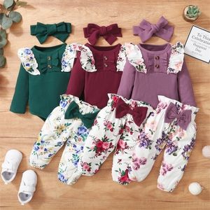 Baywell Autumn Born Baby Girl 3pcsset 의류 세트 주름진 슬리브 롬퍼 Topfloral Print Pantsheadband Infant 옷 220815