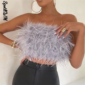 Mode kvinnor Sexiga Furry Toppar Camis Casual Tank Kvinna Chic Ärmlös Med Real Ostrich Feather Tunic Vest 220325