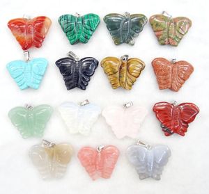 Pendant Necklaces Wholesale Sell 8pcs Carving Mixed Natural Stone Pendulums Butterfly Charm Pendants Fit Necklace Jewelry MakingPendant