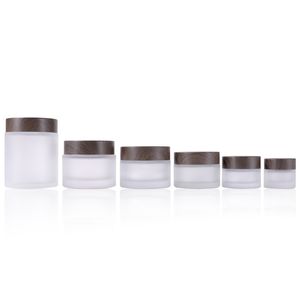 Frosted Glass Cream Bottles Round Cosmetic Jars Hand Face Packaging Bottle With dark Wood Grain Cover