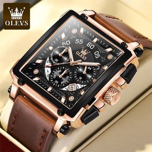 OLEVS ORIGINAL WATCH FOR MEN TOP Luxury Hollow Square Sport Watches Fashion Leather Strap Waterproof Quartz Wristwatch 220526