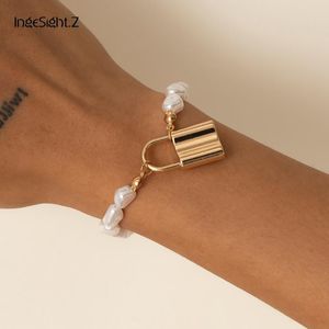 Wholesale baroque bracelet resale online - Charm Bracelets IngeSight Z Korean Elegant Baroque Imitation Pearl Bangles Lock Padlock Pendant Bracelet For Women Wrist JewelryCharm
