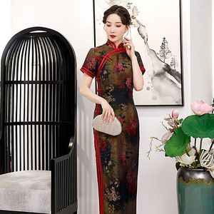 Etniska kläder utsökt pärlstav mandarin krage kvinnor cheongsam sexig elegant kvällsfest qipao vestidos vintage kinesisk stil mantel klänning