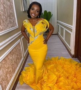 2022 Plus Size Arabic Aso Ebi Yellow Mermaid Luxurious Prom Dresses Pärled Crystals Evening Formal Party Second Reception Birthday Engagement Gowns Dress ZJ133