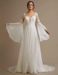 2022 Boho A Line Chiffon Wedding Dress Flare Long Sleeve Country Bridal Gowns Lace Appliques Illusion Open Back Chic Summer Bride Dresses Custom Made