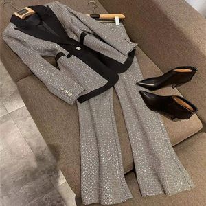 Womens Two Piece Pants 2pcs V-Neck Bling Sequins Matching Outfits Women Lady Office Business Uniform Blazer Flared Suit Set Work Wear