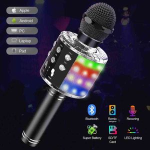 Microphones Wireless Karaoke Microphone 4 in 1 Bluetooth Microphone for Kids With Led Lights Speaker Record Remix Function T220916