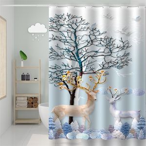 Moderne Landschaftsmalerei Lustige Duschvorhang Liner wasserdichte Elch Stoffbad mit Haken Badezimmerdekor 220429