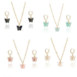 Cute Acrylic Butterfly Earrings Pendant Necklaces Combination Jewelry Set Sweet Style Alloy Chain