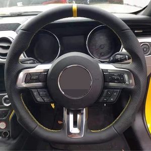 For Ford Mustang 2015-2019 / Mustang GT 2015-2019 Classic Black Leather Hand Sewn Automobile Steering Wheel Cover