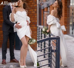 Little Mini White Dress For Wedding Reception Brides Sexy Sweetheart Simple Satin Pleats Short Puff Sleeves Sheath Short Bridal Gowns Bow Ribbon Beach Garden CL0214