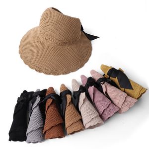 Hot Salking Straw Bow Straw Caps Summer feminino Hollo Hollowled largura larga chapéu dobrável tampa de sombreamento dobrável