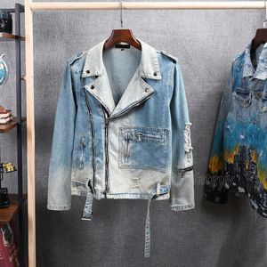 Men's Holes Ripped Light Blue Jean Biker Jacket For Motorcycle Streetwear Zippers Turn Down Collar Denim Coat Outerwear Jackets