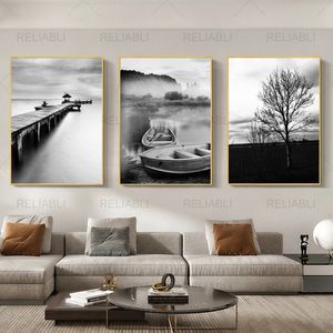 Black and White Landscape Canvas Painting Wall Poster for Living Room Tree Shadow Prints Boat Study Room Home Decor No Frame Art