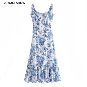 Vintage French Style Blue White Floral Women Dress Tie Bow Strap Sleeveless Dress Sexy Beach Women Party Dress Vintage Female 220511