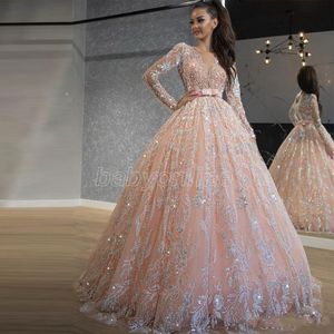 UPS 2022 الطفل الوردي فساتين quinceanera الترتر الدانتيل الكرة بثوب حفلة موسيقية فساتين جوهرة الرقبة طويلة الأكمام الحلو 16 فستان طويل أمسية رسمية ارتداء