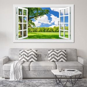 Pinturas Árvore Gramado Paisagem Imitação Janela Design 3d Wall Art Canvas Pintura para sala de estar Pôsteres e impressões Fotos Decoração de casa