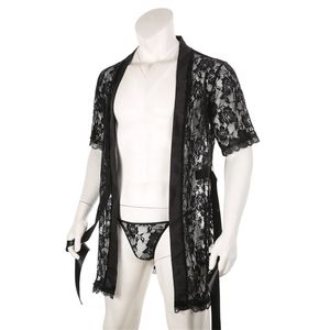 Lace Bathrobe Men Sexy Long Robe Nightwear Sleepwear Kimono Nightgown Loose Bath Gown Male Erotic Costume Home Wear with T-back 220426