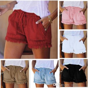 Frauen Jeans Solid Denim Shorts lässig Baggy trendy kurze Hosen hoher elastischer Kordelschnüre Quasten Shorts Kleidung