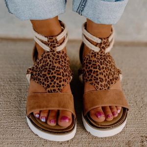 Summer Sandals Women Plus Print Leopard Size Cross Strap Flat with Shoes Woman Casual Zipper Gladiator Sandalias Mujersa 47