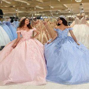 2022 Light Blue Pink Quinceanera Dresses Ball Gowns Prom For Sweet 16 Girls Floral Applique 3D Flowers Off Shoulder Formal