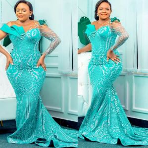 Turquoise Mermaid Evening Dresses One Shoulder Long Sleeves Ruffles Beaded Custom Made Plus Size Formal Prom Party Gown Wear Vestidos 403