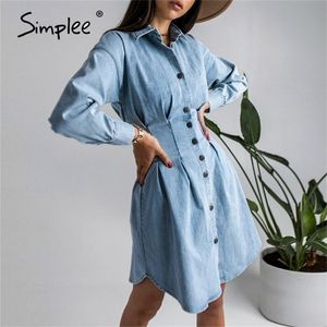 Causal blue autumn winter corset denim dress High street fashion long sleeve women dress Sexy pleated button dress 210320