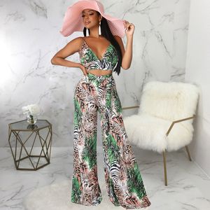 Tropical Leaves Print Two Piece Beach Outfits Women Set Spaghetti Strap Backless Crop Top and Wide Leg Trouser Boho Tracksuits 220511