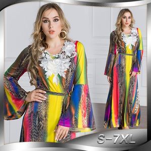 S-7XL Plus Size Женские повседневные платья раскрашенные в полосатые печать шелковая рубашка Flare Flare Plare Негабаритные платья Maxi vestido