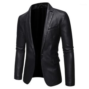 Herrjackor 2022 Style Casual Pure Color V Collar Business Slim Suit Leather Coat One-Button Full Faux