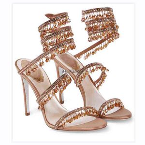 McNabney 2022 New Women Chandelier Embellished Satin Sandals Snake-like Ankle Straps the Shimmering Crystals Sandals Handmade AA220316