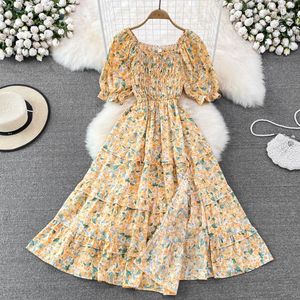 Vestidos casuais French Vintage Slim Floral Print Square Collar Dress Long Summer Mulheres vestido de Fiesta