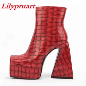 女性ブーツlilyptuart za ankle boots fashion high end platform shaped heel chunkyヒールジッパーデザイナーシューズグリーン45 0719