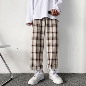 Houzhou Plaid Pants Men Linens Korean Kontrollerade byxor Male Streetwear Fashion Bottoms Summer Wide Leg Harajuku Breattable 220524