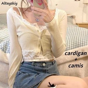 Sets Women Fresh Chic Summer Female Two Piece Single Breasted Cardigan Sexy Girlish Crops Camisole Tender Streetwear Holiday 220719