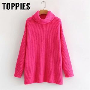 Różowy sweter luźne ponadwymiarowy sweter turtleck pullover jesienne zimowe skoczki z długim rękawem solidny kolor 210204