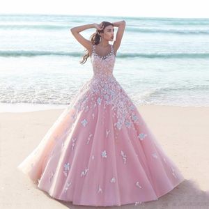 Prinzessin Rosa U-Ausschnitt Brautkleid 3D-Blumenspitze Applikationen Brautkleider Ärmellos Sweep Zug Formelle Robe de Mariee