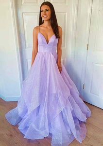 A line Princess Sparkling Prom Dresses Spaghetti V Neck Asymmetrical Backless Floor Length Party Gowns