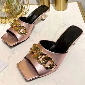 Dress Shoes Fashion-style square head high-heeled chain slippers cowhide upper sheepskin inner heels high 5.5cm style ladies sandals