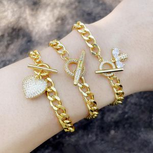 Charm Bracelets FLOLA Gold Curb Link Chain Bee Heart Charms For Women Chunky Bangle Bracelet Cubic Zirconia Wholesale Jewelry Brtc90 Kent22