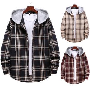 Plaid Shirt Jacket Män Hoodies Höst Vår Hooded Cardigan Coat Casual Street Black Red Plus Storlek