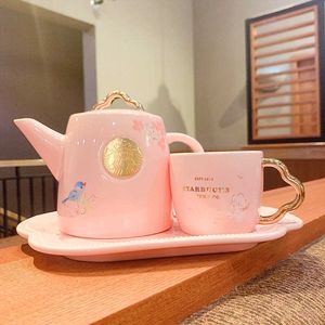 Teiera Starbucks 2022 Cherry Blossom Ruyi tazza in stile nazionale Set di pentole Tazza da caffè con targhetta a forma di sirena dipinta di rosa