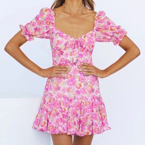 Boho Inspired women's pink floral mini summer dress V-neck short sleeve ruffle hem sexy ladies party dress 2 bodycon dress