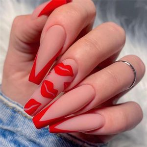 24pcs Red Lip Ballet False Nails Tips Long Full Cover Coffin French Fake Fingernails Tip for Women Girls DIY Nail Art Salon