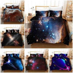 Capa de edredão estrelada do céu conjunto azul laranja galáxia tema gêmea de cama de cama dupla colcha de tamanho da rainha dupla king size