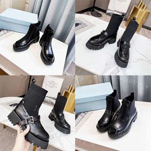 Stivali Pradoity Desinger Women Fashion Motorcycle Boots Monolith Triangle Black Shoe Ankle Booties Aumenta la piattaforma Sneakers CloudBust Shoes BGEE