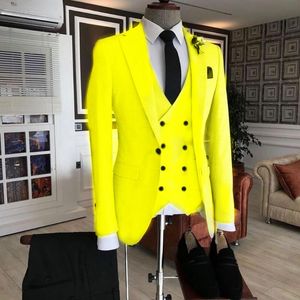 Mäns kostymer Blazers Luxury Yellow Double Breasted Vest Kostym Homme Män För Bröllop Groom Prom Man Blazer Masculino Slim Fit 3 stycken